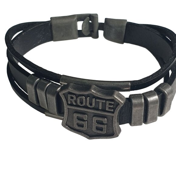 Route 66 Leather Bracelet Black Mens Jewelry Vintage Style Clasp Latch Biker - Picture 2 of 7